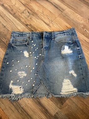 Rue21 Pearl-Embellished Distressed Denim Mini Skirt - Blue